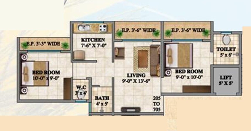 Floor plan of 2 BHK 600 Sq. Ft. Apartment in Krishna Darshan Badlapur, Thane