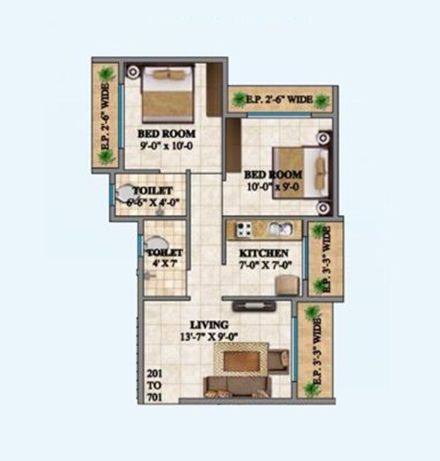 Floor plan of 2 BHK 650 Sq. Ft. Apartment in Krishna Darshan Badlapur, Thane