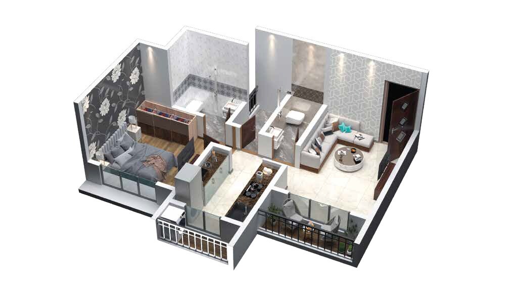 Floor plan of 1 BHK 410 Sq. Ft. Apartment in Krivi Rudra Avenue, Thane