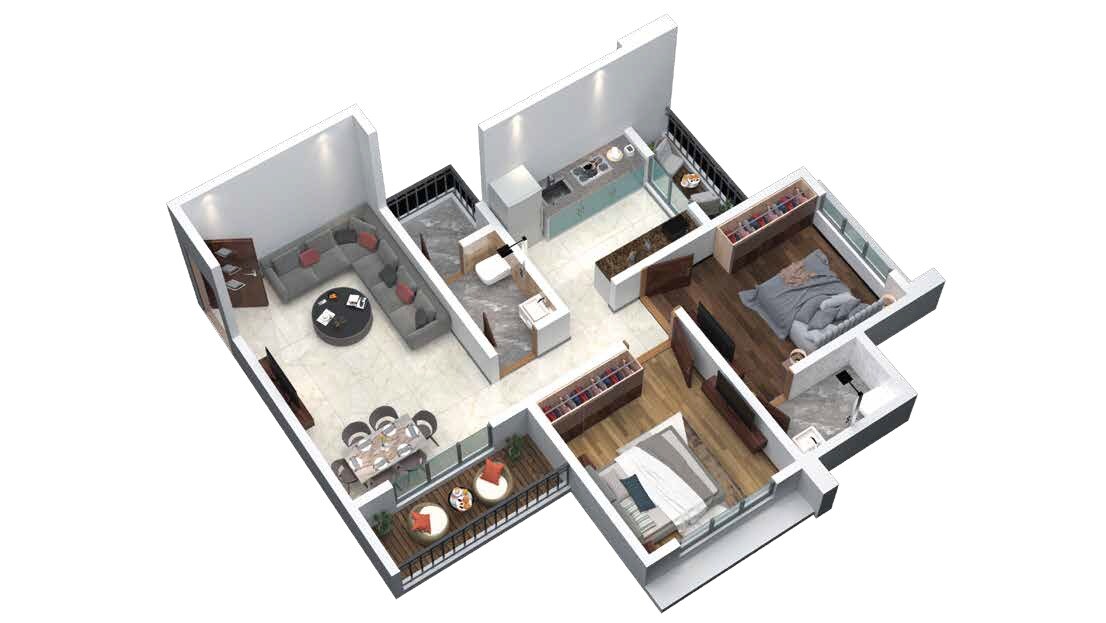 Floor plan of 2 BHK 595 Sq. Ft. Apartment in Krivi Rudra Avenue, Thane
