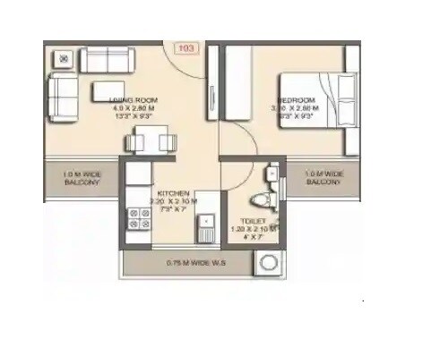Floor plan of 1 BHK 374 Sq. Ft. Apartment in Krushna Vihar, Thane