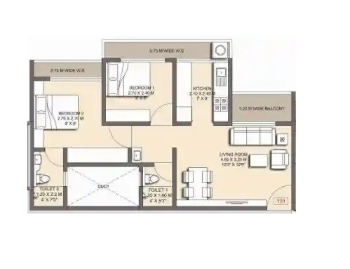 Floor plan of 2 BHK 481 Sq. Ft. Apartment in Krushna Vihar, Thane