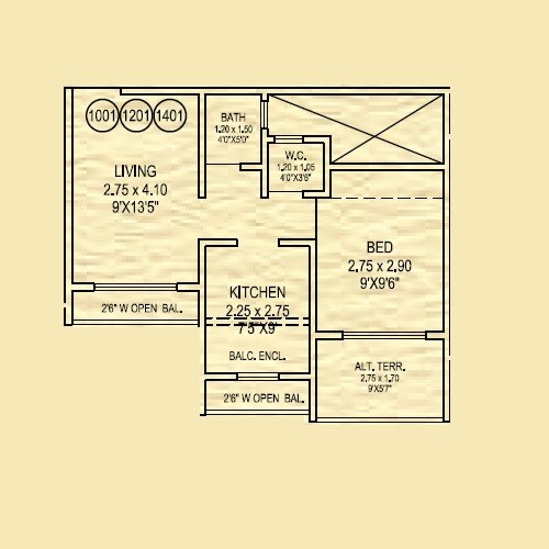 Floor plan of 1 BHK Apartment - 355 sq. ft. in Krushnai Heights, Thane