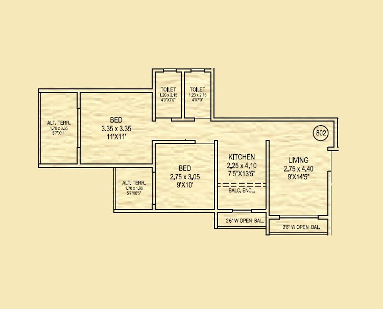 Floor plan of 2 BHK Apartment - 538 sq. ft. in Krushnai Heights, Thane
