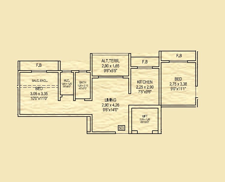 Floor plan of 2 BHK Apartment - 545 sq. ft. in Krushnai Heights, Thane
