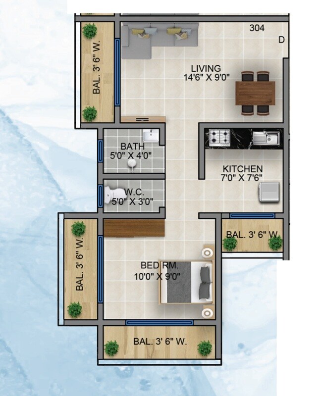 Floor plan of 1 BHK 373 Sq. Ft. Apartment in KS Aarya Prem CHS, Thane