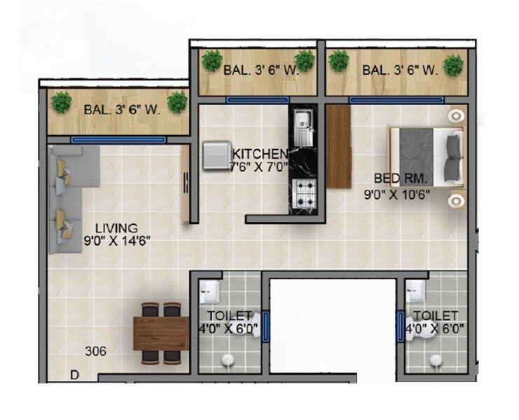 Floor plan of 1 BHK 470 Sq. Ft. Apartment in KS Aarya Prem CHS, Thane