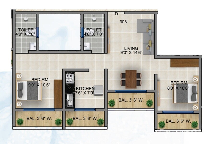 Floor plan of 2 BHK 550 Sq. Ft. Apartment in KS Aarya Prem CHS, Thane