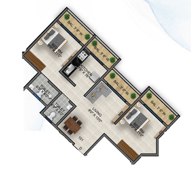 Floor plan of 2 BHK 575 Sq. Ft. Apartment in KS Aarya Prem CHS, Thane