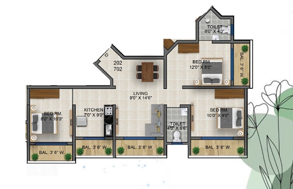 Floor plan of 3 BHK 600 Sq. Ft. Apartment in KS Aarya Prem CHS, Thane