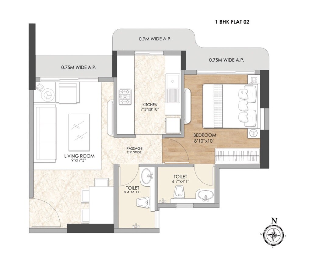 Floor plan of 1 BHK 398 Sq. Ft. Apartment in KSR Ramashray, Thane