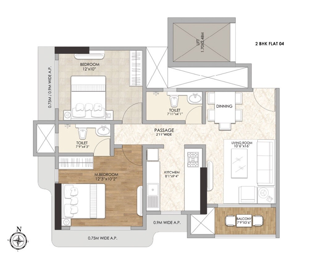 Floor plan of 2 BHK 630 Sq. Ft. Apartment in KSR Ramashray, Thane
