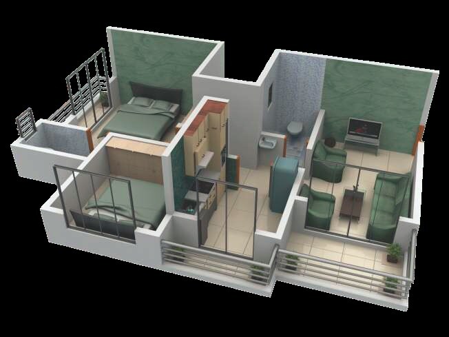 Floor plan of 2 BHK 499 Sq. Ft. Apartment in Kuber Samruddhi Phase II, Thane