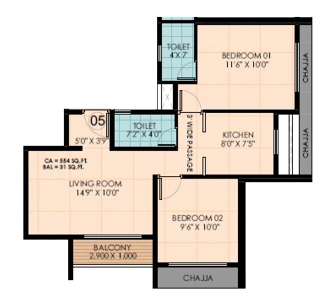 Floor plan of 2 BHK 554 Sq. Ft. Apartment in Kulswamini Brahmand, Thane