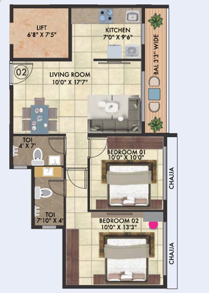 Floor plan of 2 BHK Apartment - 586 sq. ft. in Kulswamini Pride, Thane