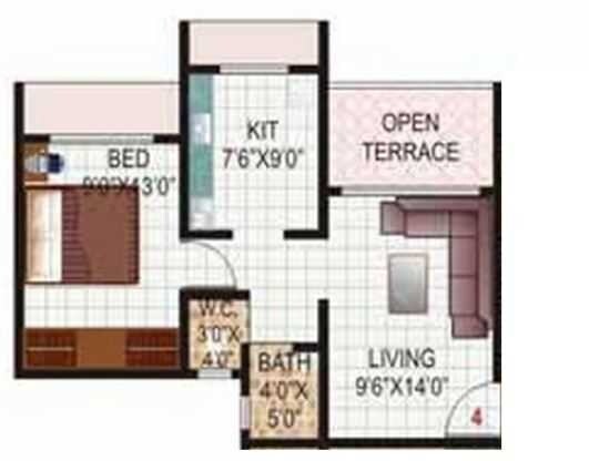 Floor plan of 1 BHK 675 Sq. Ft. Apartment in Kulswamini Sneh Residency, Thane