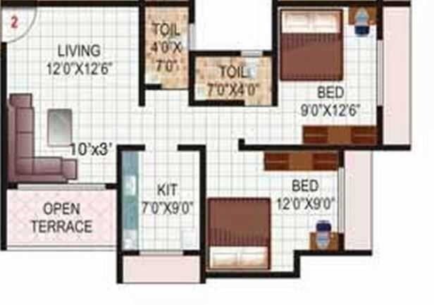 Floor plan of 2 BHK 1022 Sq. Ft. Apartment in Kulswamini Sneh Residency, Thane