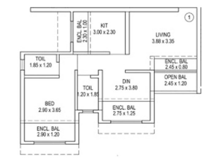 Floor plan of 1 BHK 434 Sq. Ft. Apartment in Kulswamini Sukrya Heights, Thane