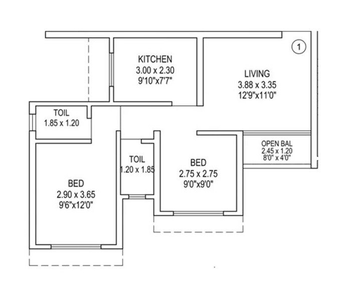 Floor plan of 2 BHK 574 Sq. Ft. Apartment in Kulswamini Sukrya Heights, Thane