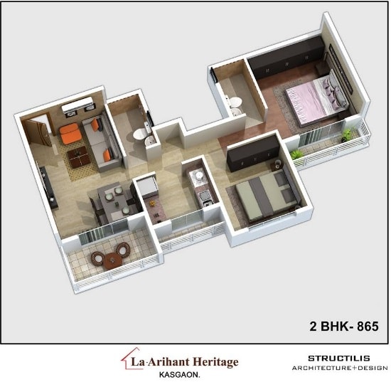 Floor plan of 2 BHK 865 Sq. Ft. Apartment in La  Arihant Heritage, Thane