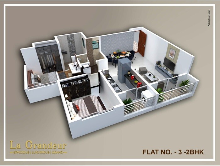 Floor plan of 2 BHK 590 Sq. Ft. Apartment in La Grandeur, Thane
