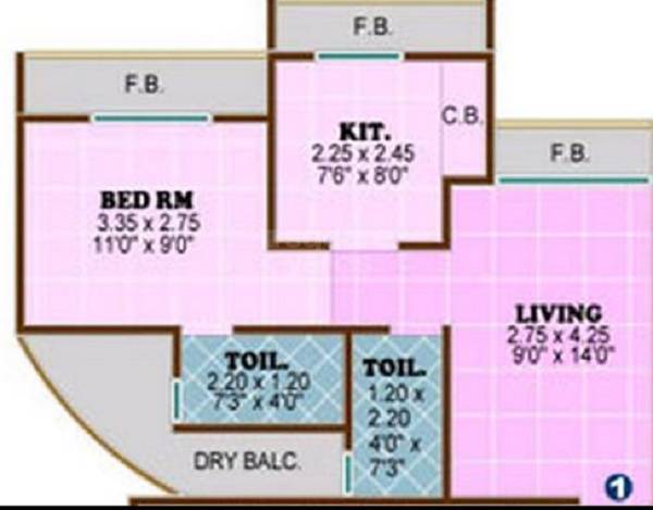 Floor plan of 1 BHK 344 Sq. Ft. Apartment in Laabh Gloria, Thane