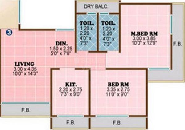 Floor plan of 2 BHK 521 Sq. Ft. Apartment in Laabh Gloria, Thane