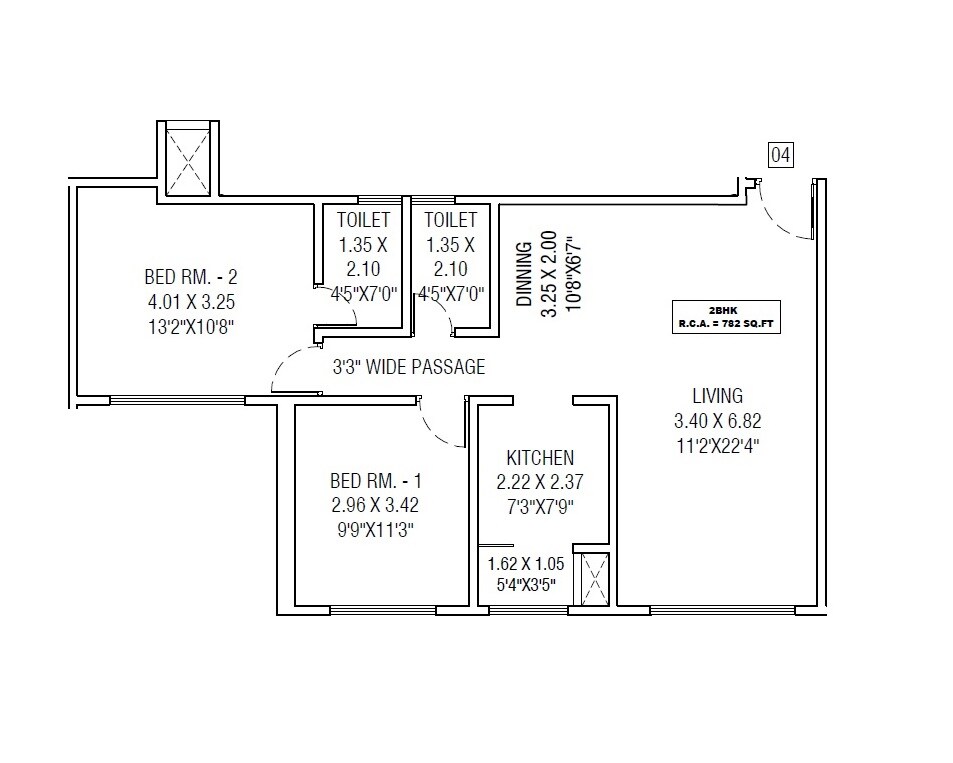 Floor plan of 2 BHK 782 Sq. Ft. Apartment in Lakhani Empire Dynasty, Thane