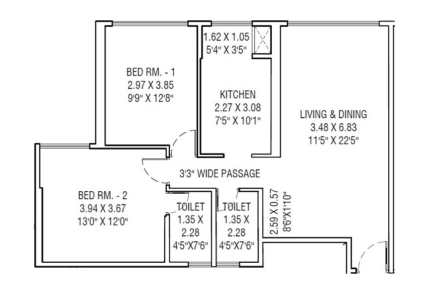 Floor plan of 2 BHK 800 Sq. Ft. Apartment in Lakhani Empire Dynasty, Thane