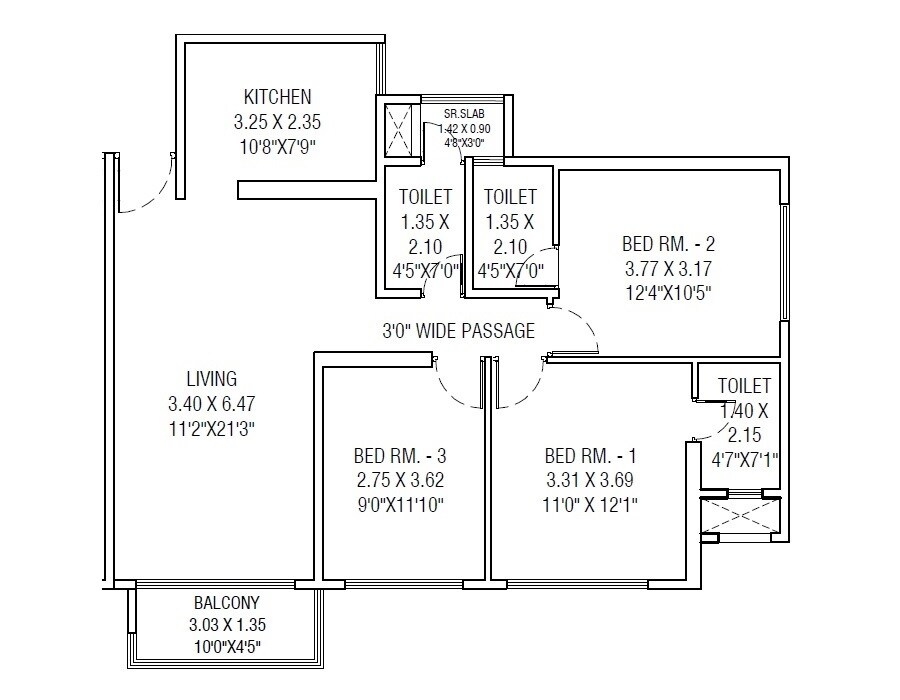 Floor plan of 3 BHK 1038 Sq. Ft. Apartment in Lakhani Empire Dynasty, Thane