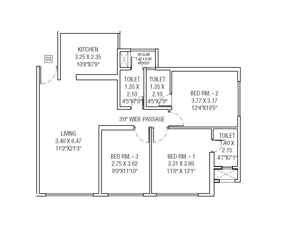 Floor plan of 3 BHK 910 Sq. Ft. Apartment in Lakhani Empire Dynasty, Thane