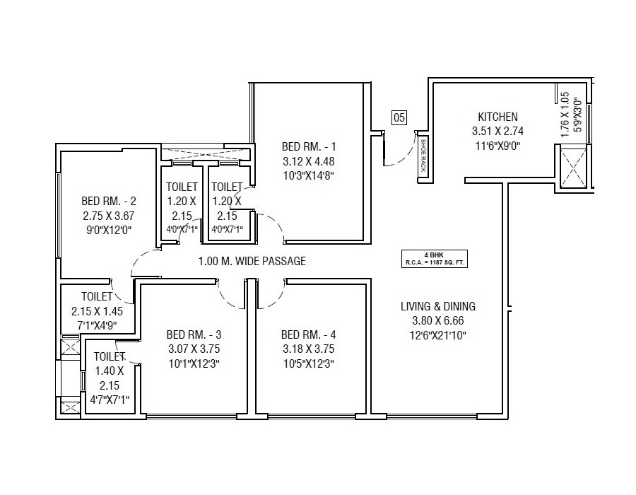 Floor plan of 4 BHK 1193 Sq. Ft. Apartment in Lakhani Empire Dynasty, Thane