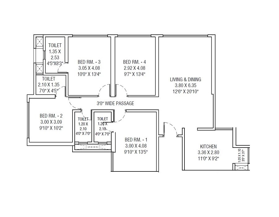 Floor plan of 4 BHK 1242 Sq. Ft. Apartment in Lakhani Empire Dynasty, Thane