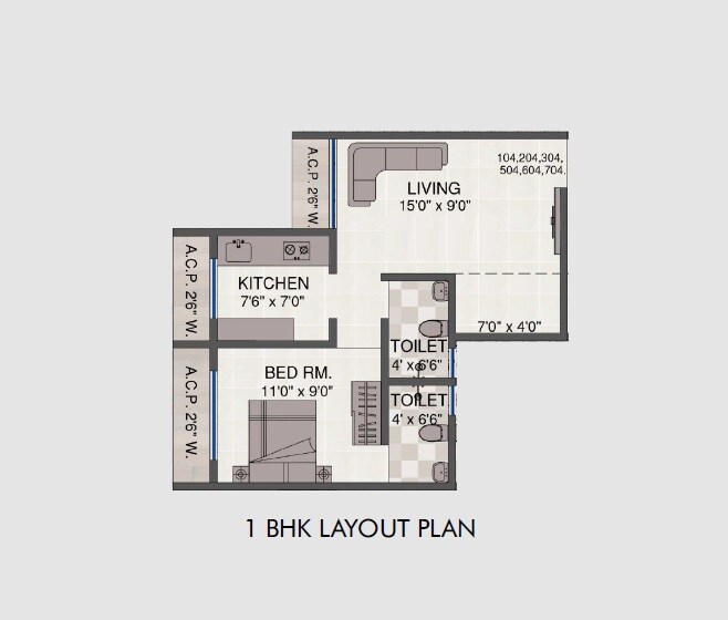 Floor plan of 1 BHK 454 Sq. Ft. Apartment in Landmark Ekdant Pooja CHS, Thane