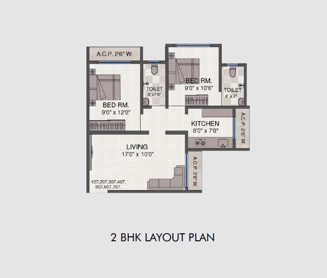 Floor plan of 2 BHK 585 Sq. Ft. Apartment in Landmark Ekdant Pooja CHS, Thane