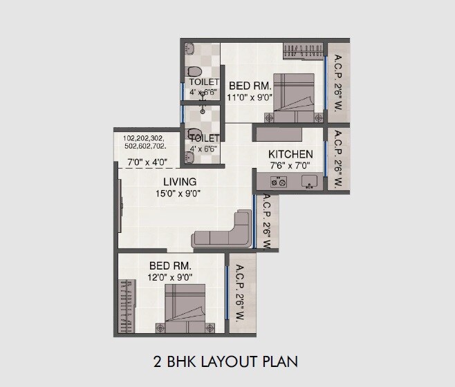 Floor plan of 2 BHK 594 Sq. Ft. Apartment in Landmark Ekdant Pooja CHS, Thane