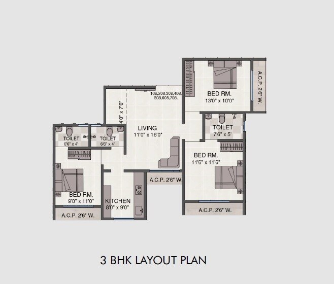 Floor plan of 3 BHK 764 Sq. Ft. Apartment in Landmark Ekdant Pooja CHS, Thane
