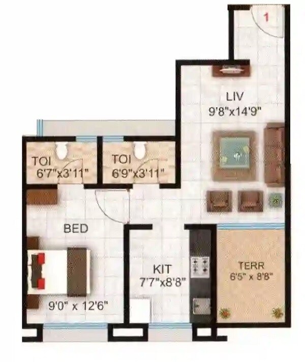 Floor plan of 1 BHK 360 Sq. Ft. Apartment in Landscape Heritage, Thane