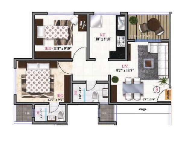 Floor plan of 2 BHK 463 Sq. Ft. Apartment in Landscape Heritage, Thane