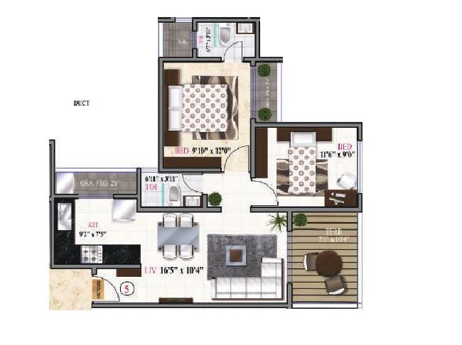 Floor plan of 2 BHK 653 Sq. Ft. Apartment in Landscape Heritage, Thane