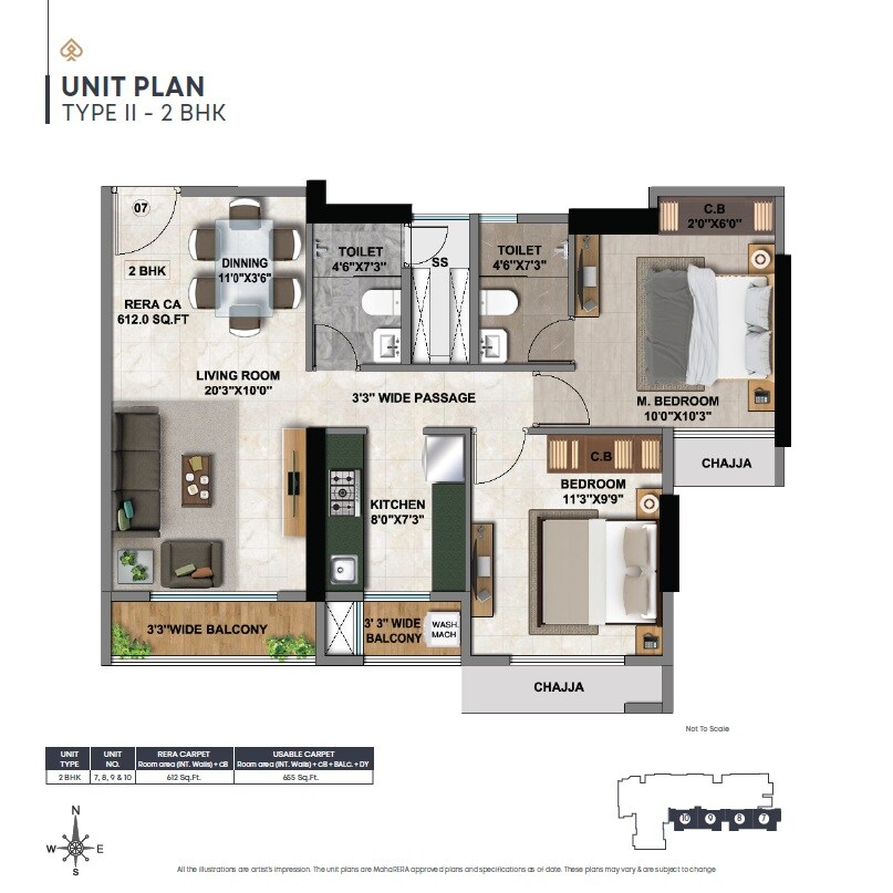 Floor plan of 2 BHK Apartment - 655 sq. ft. in Larkins 315 Rio, Thane