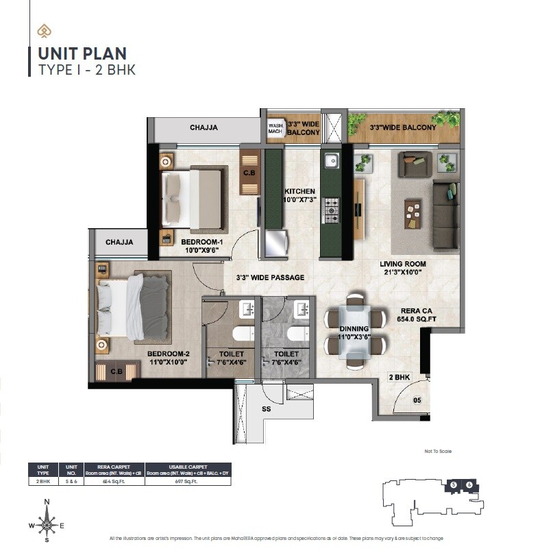 Floor plan of 2 BHK Apartment - 697 sq. ft. in Larkins 315 Rio, Thane