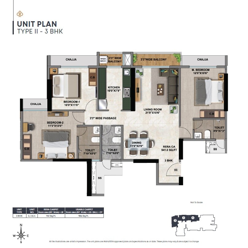 Floor plan of 3 BHK Apartment - 986 sq. ft. in Larkins 315 Rio, Thane