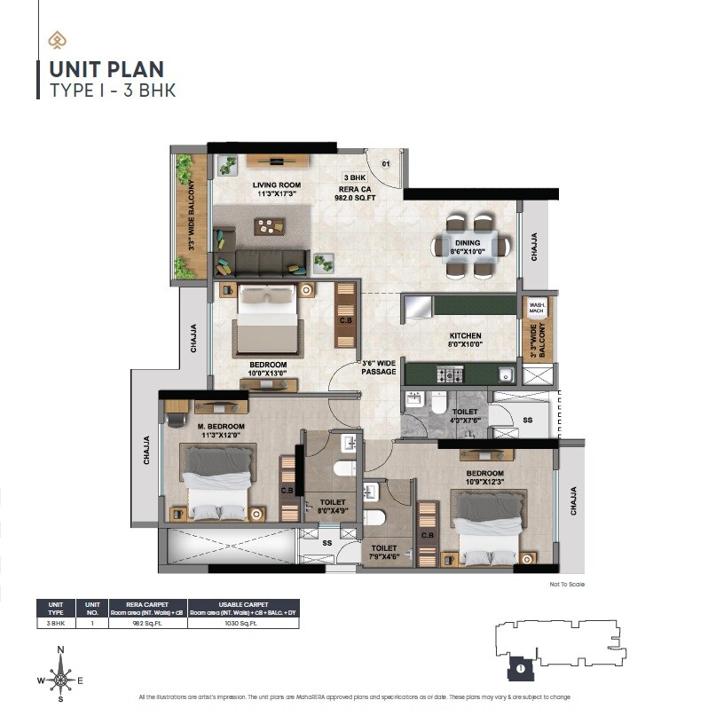 Floor plan of 3 BHK Apartment - 1030 sq. ft. in Larkins 315 Rio, Thane