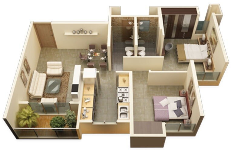 Floor plan of 2 BHK 651 Sq. Ft. Apartment in Larkins Pride Palms, Thane