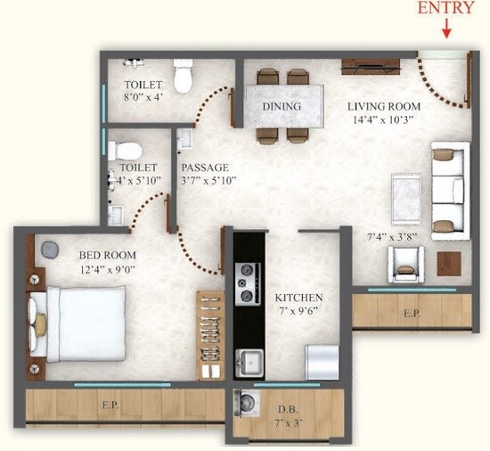 Floor plan of 1 BHK 445 Sq. Ft. Apartment in Laukik Vastu Luxuria, Thane