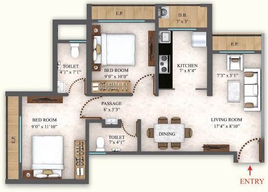 Floor plan of 2 BHK 606 Sq. Ft. Apartment in Laukik Vastu Luxuria, Thane