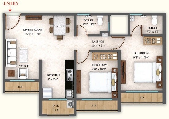 Floor plan of 2 BHK 640 Sq. Ft. Apartment in Laukik Vastu Luxuria, Thane
