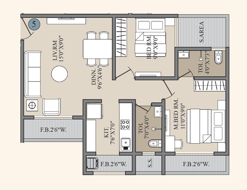 Floor plan of 2 BHK 600 Sq. Ft. Apartment in Laxmi Gunjai Darshan, Thane