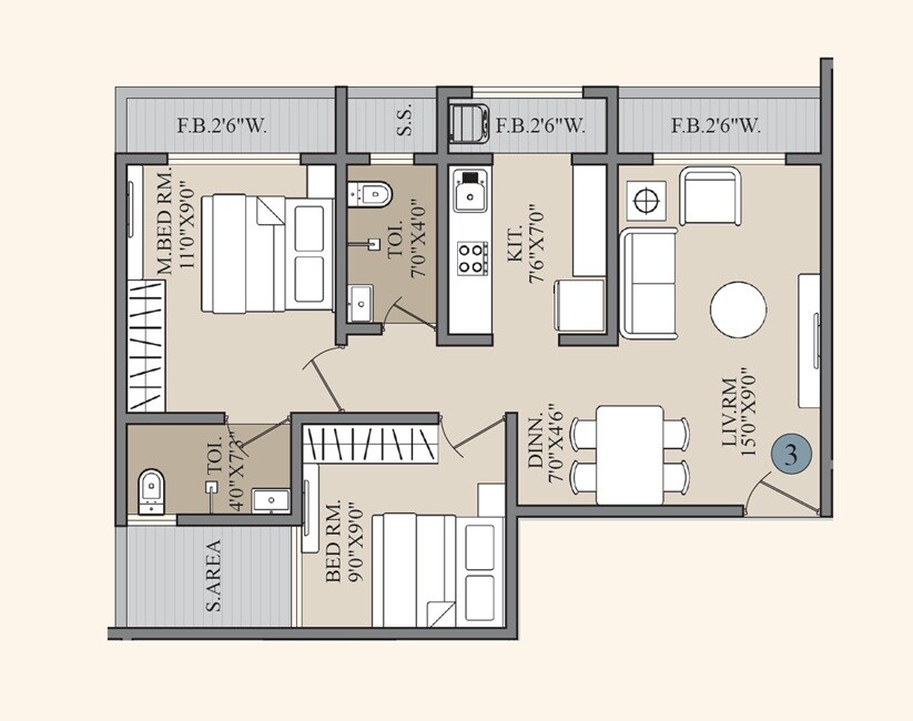 Floor plan of 2 BHK 627 Sq. Ft. Apartment in Laxmi Gunjai Darshan, Thane